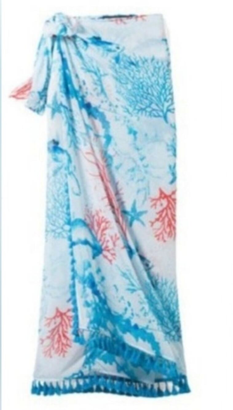 White House Black Market Jellyfish Coral Print Tasseled Convertible Sarong, OS